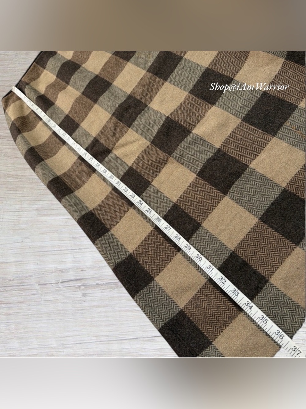 Vintage Wool Herringbone Chocolate Tan Plaid Leather Trim Equestrian Midi Skirt - Picture 7 of 10